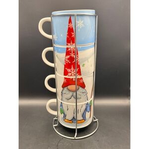 Stacking Coffee Mugs Set of 4 Metal‎ Stand Winter Gnome 10.5" As Is Prima Design
